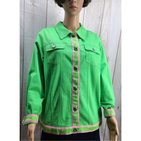 QUACKER FACTORY Women's M-L Lime Green Jean Jacket Rhinestones Pink Accents - Picture 2 of 10